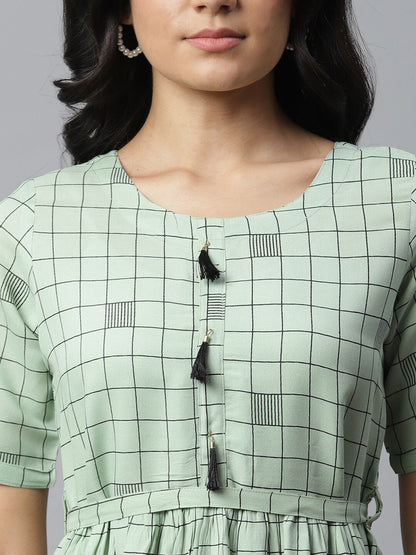 Checkered Rayon Flared Dress Kurta (Pastel Green) (Pre-Order)