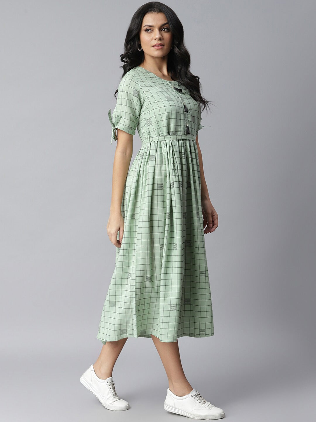 Checkered Rayon Flared Dress Kurta (Pastel Green) (Pre-Order)