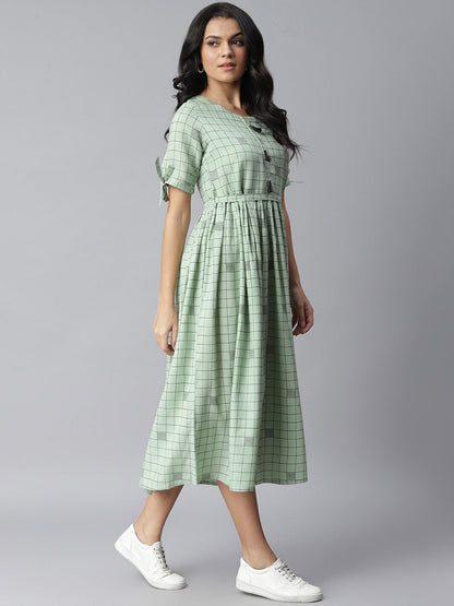 Checkered Rayon Flared Dress Kurta (Pastel Green) (Pre-Order)