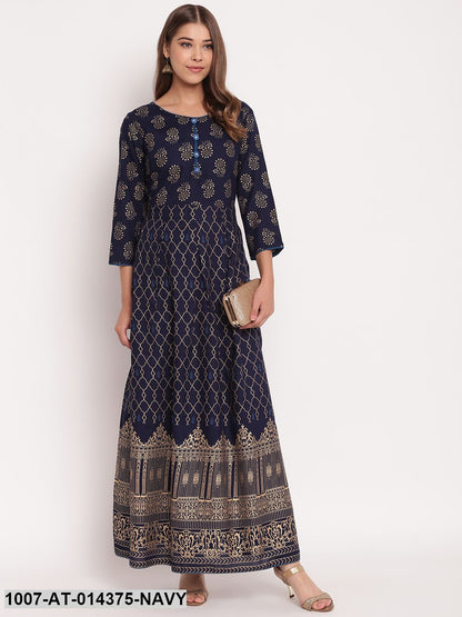 Gold Printed Rayon Flared Kurta (Navy Blue) (Pre-Order)