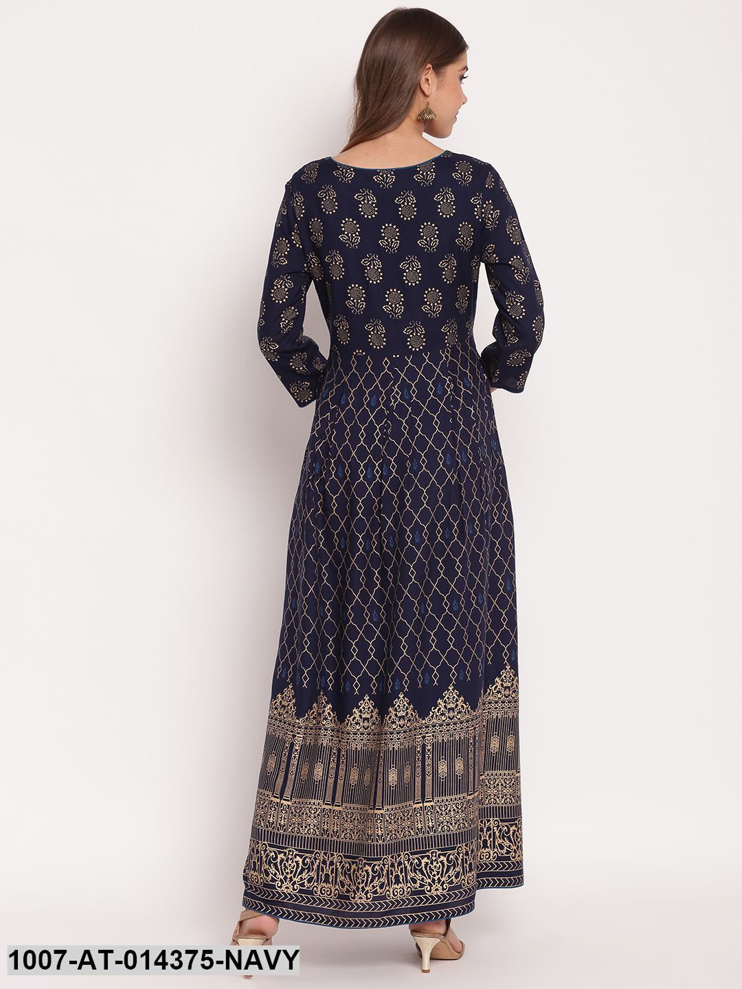 Gold Printed Rayon Flared Kurta (Navy Blue) (Pre-Order)