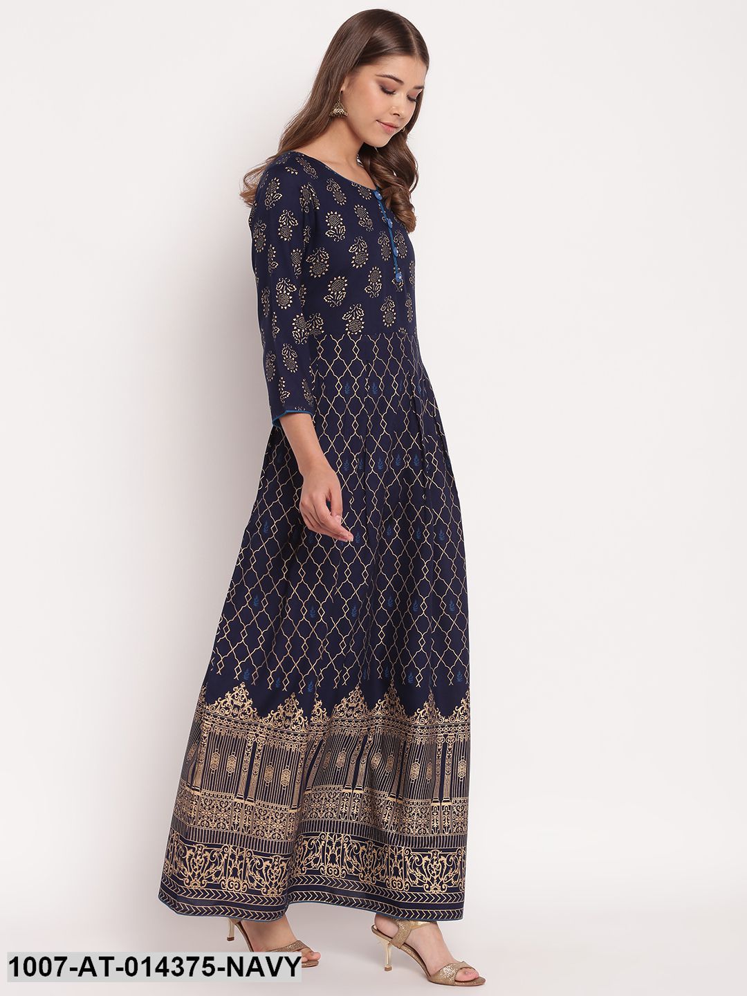 Gold Printed Rayon Flared Kurta (Navy Blue) (Pre-Order)
