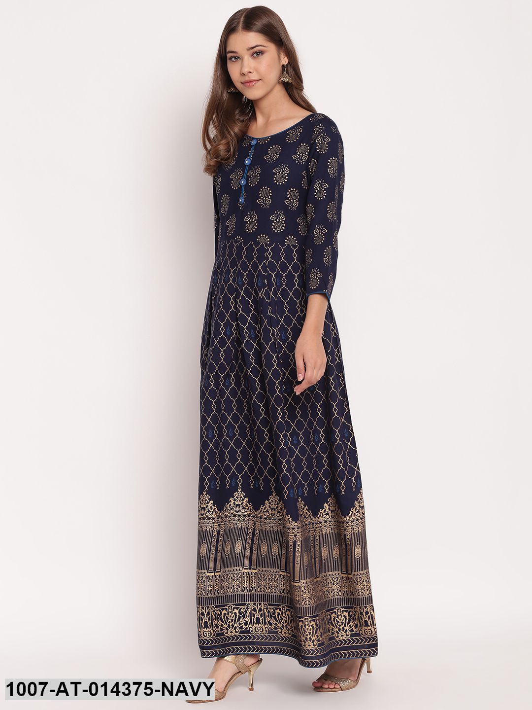 Gold Printed Rayon Flared Kurta (Navy Blue) (Pre-Order)