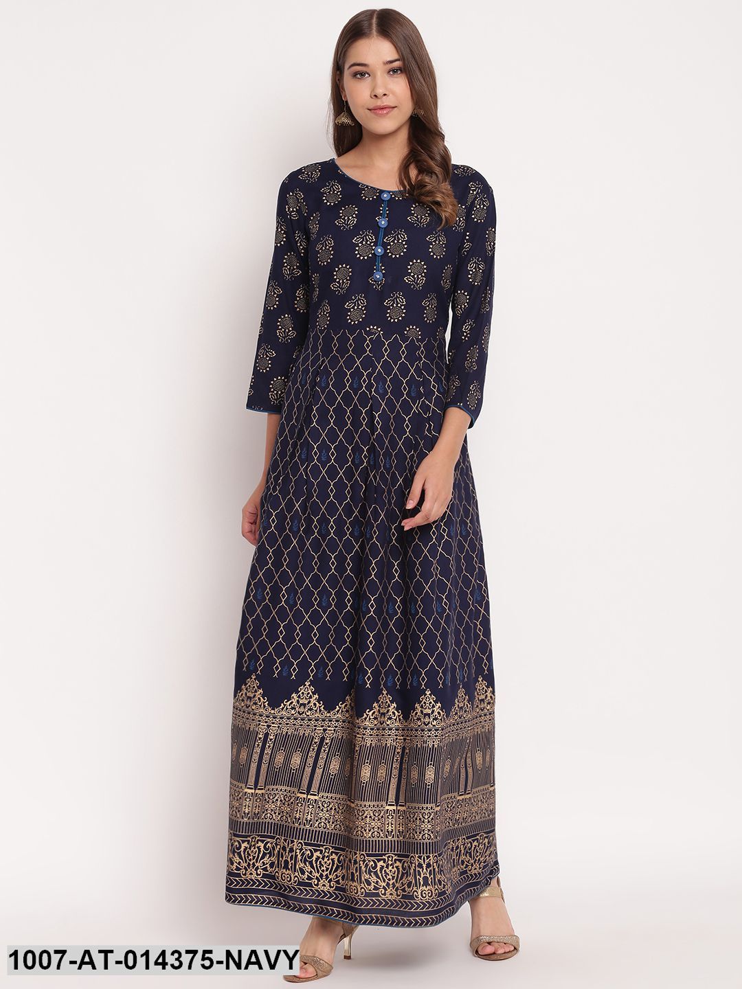 Gold Printed Rayon Flared Kurta (Navy Blue) (Pre-Order)
