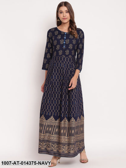 Gold Printed Rayon Flared Kurta (Navy Blue) (Pre-Order)