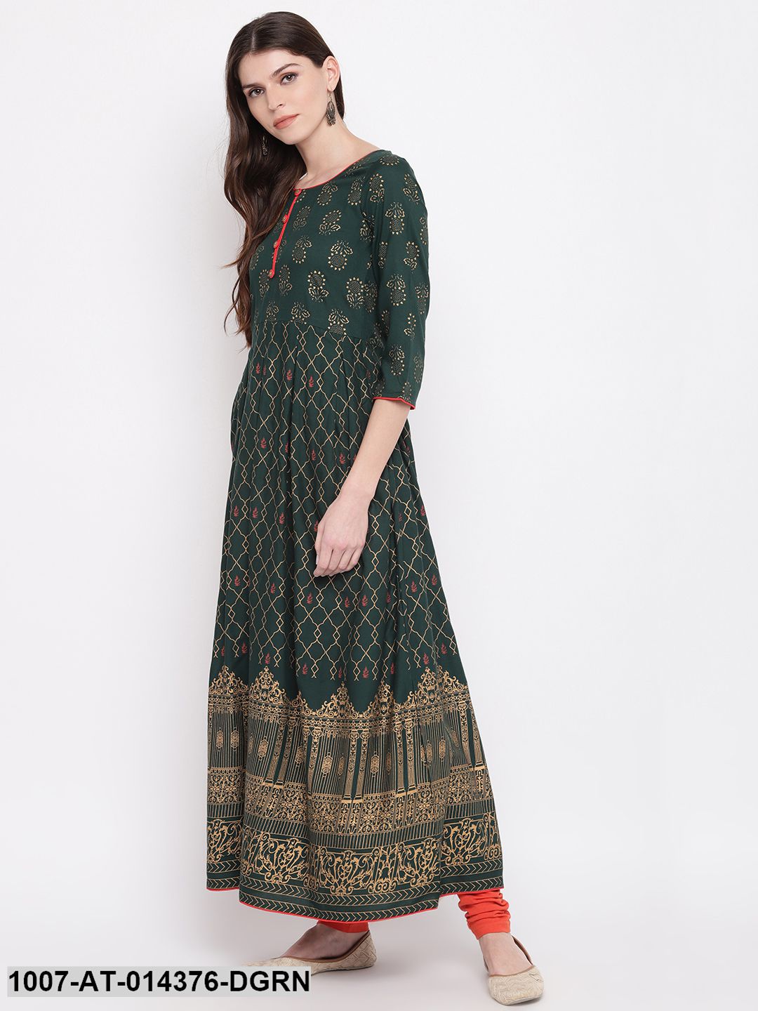 Gold Printed Rayon Flared Kurta (Dark Green) (Pre-Order)