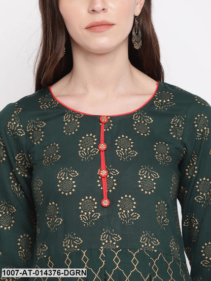 Gold Printed Rayon Flared Kurta (Dark Green) (Pre-Order)