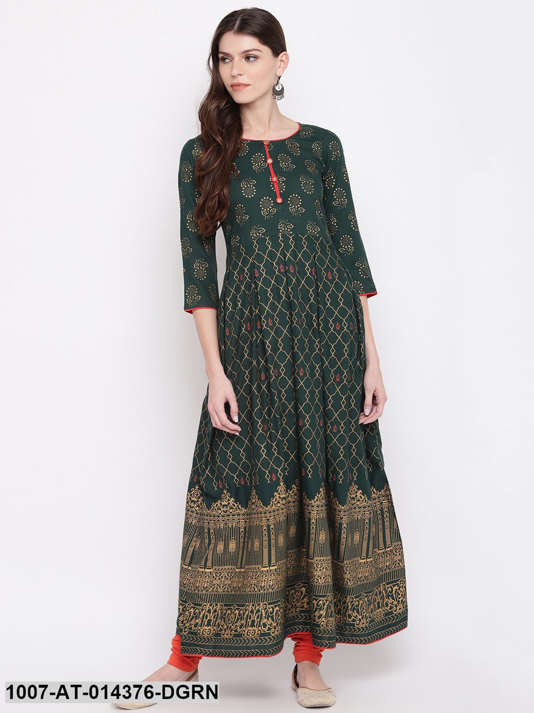 Gold Printed Rayon Flared Kurta (Dark Green) (Pre-Order)