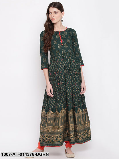 Gold Printed Rayon Flared Kurta (Dark Green) (Pre-Order)
