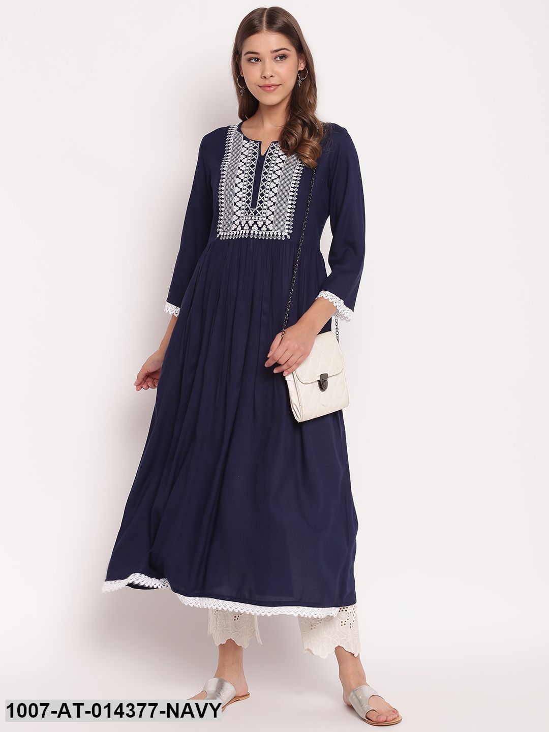 Embroidered Rayon Flared Kurta (Navy Blue) (Pre-Order)