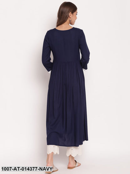 Embroidered Rayon Flared Kurta (Navy Blue) (Pre-Order)