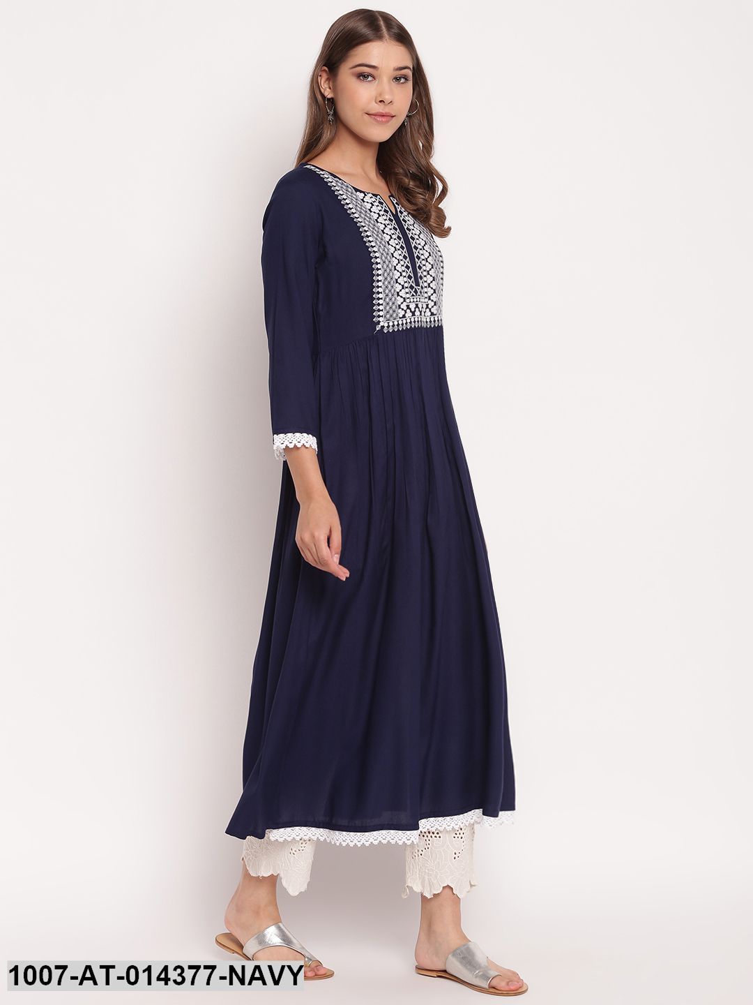 Embroidered Rayon Flared Kurta (Navy Blue) (Pre-Order)