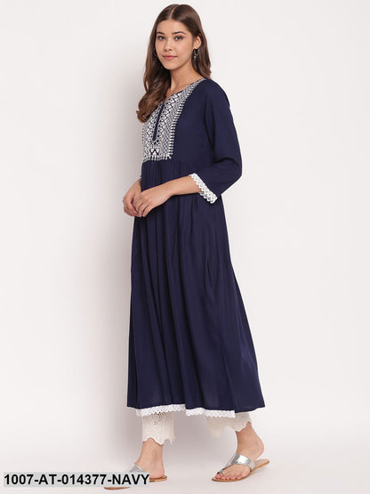 Embroidered Rayon Flared Kurta (Navy Blue) (Pre-Order)