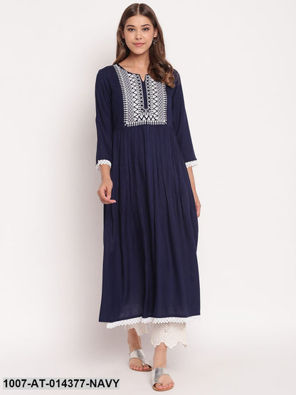 Embroidered Rayon Flared Kurta (Navy Blue) (Pre-Order)