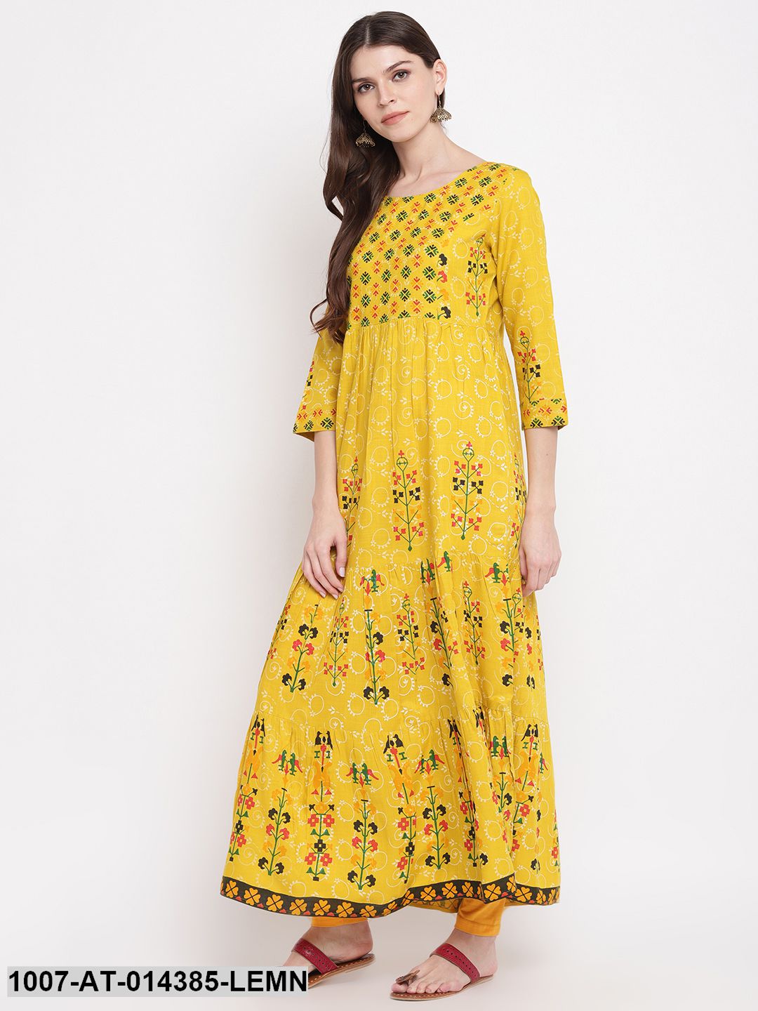 Printed Rayon Tiered Kurta (Yellow) (Pre-Order)
