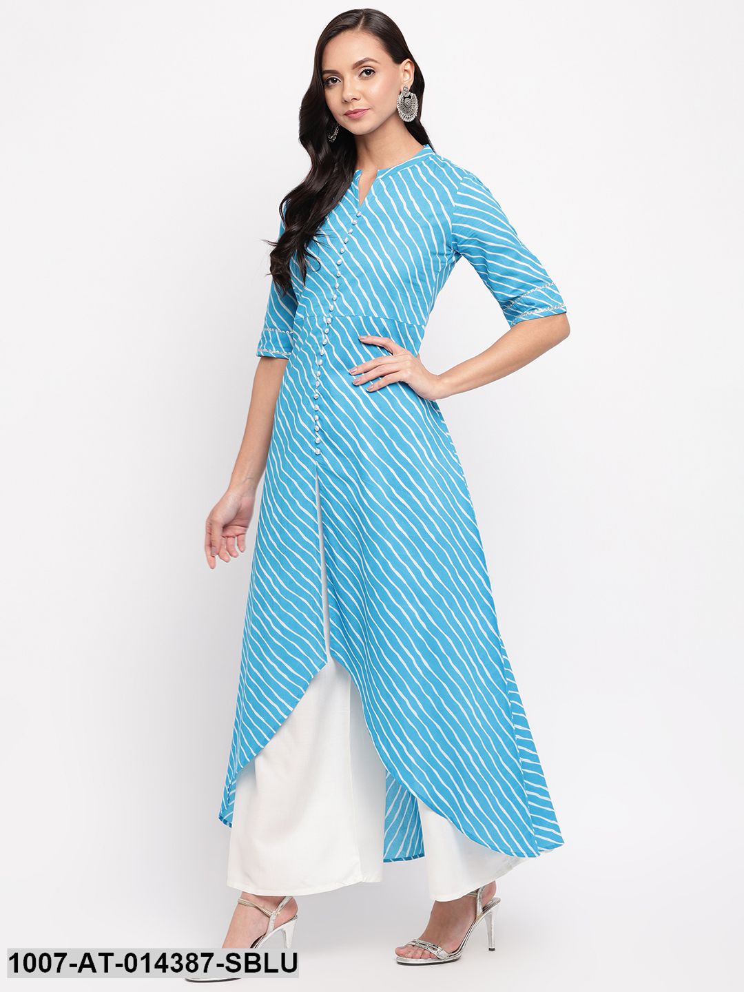 Leheriya Print Cotton High-Low Kurta (Sky Blue) (Pre-Order)