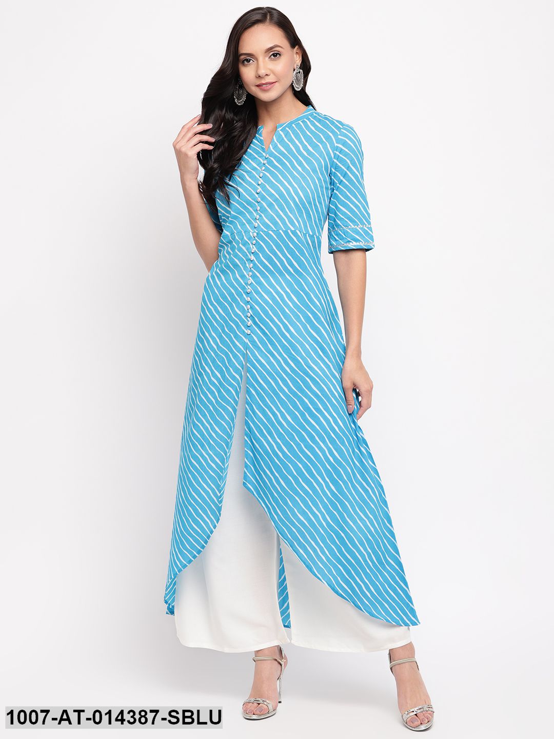 Leheriya Print Cotton High-Low Kurta (Sky Blue) (Pre-Order)
