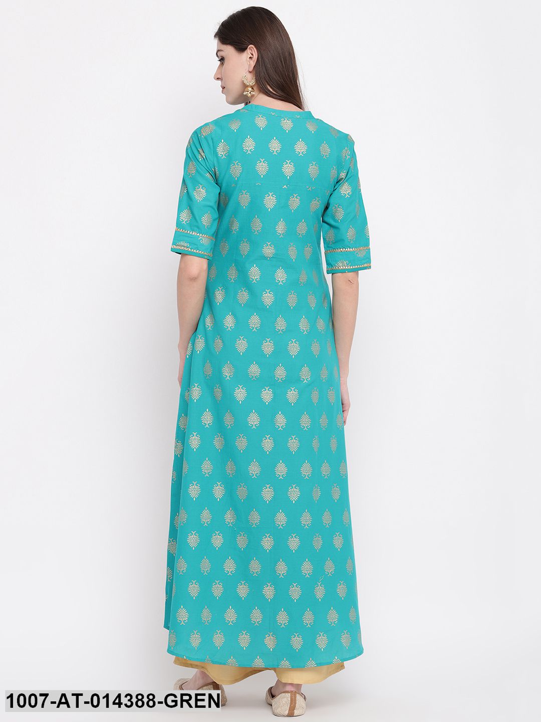 Gold Printed Cotton High-Low Kurta (Rama Green) (Pre-Order)