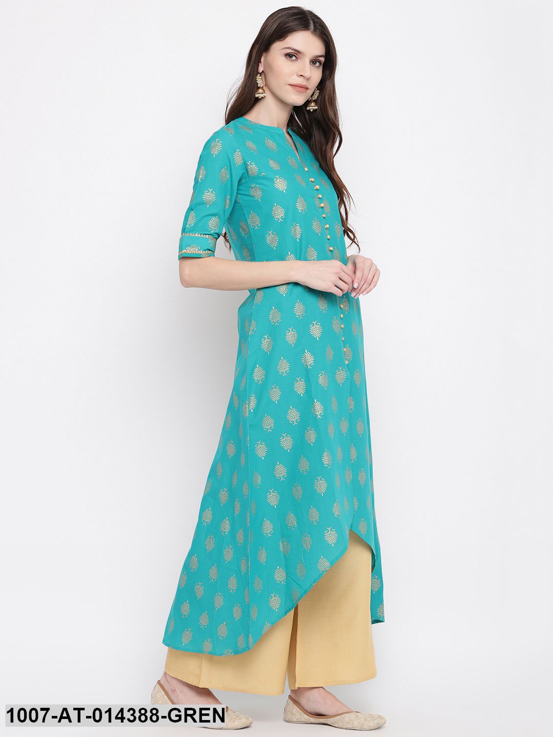 Gold Printed Cotton High-Low Kurta (Rama Green) (Pre-Order)