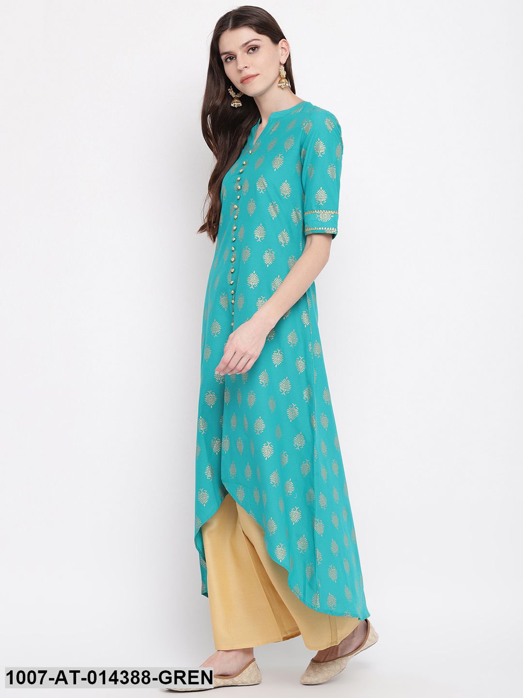 Gold Printed Cotton High-Low Kurta (Rama Green) (Pre-Order)