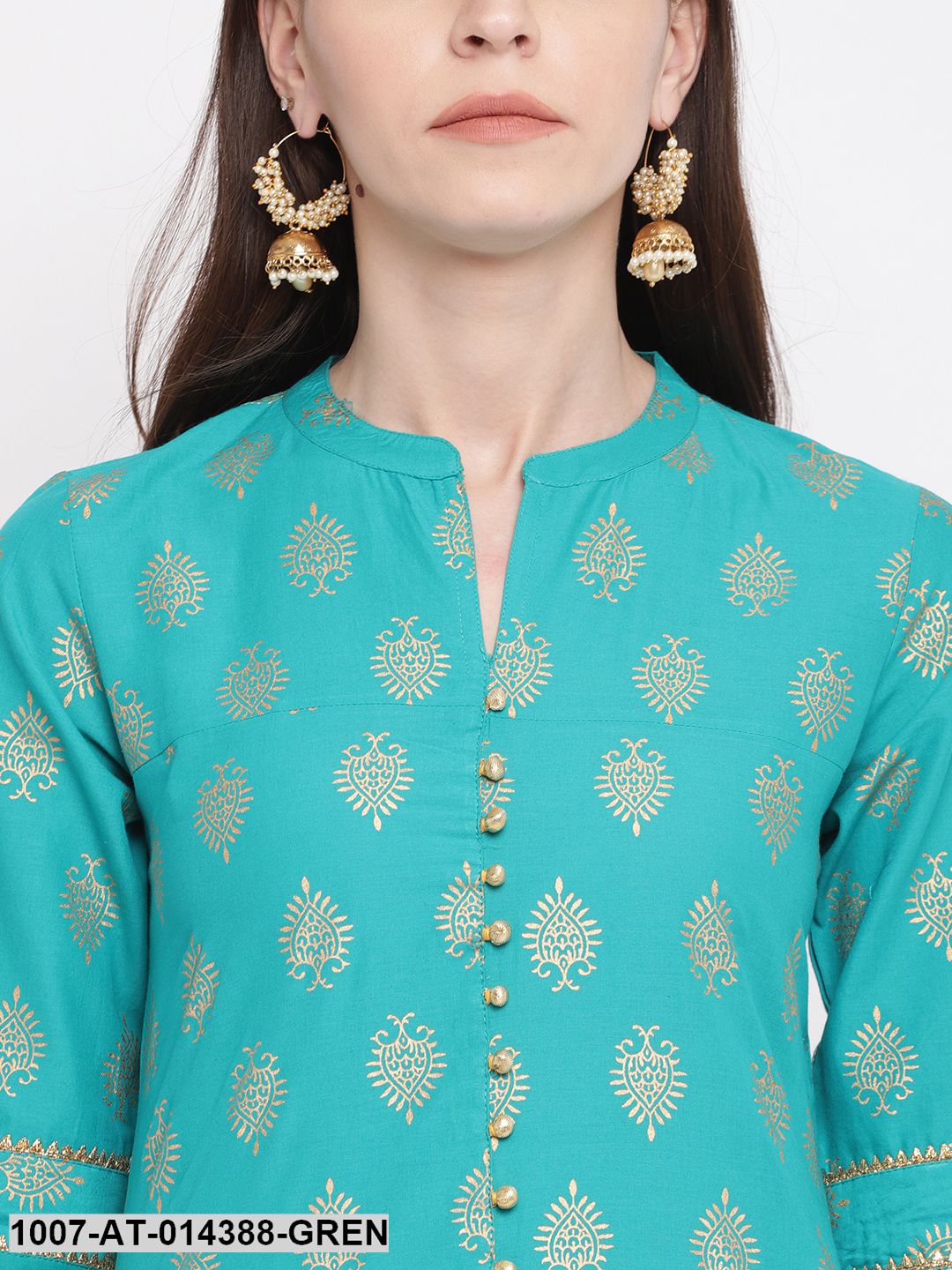 Gold Printed Cotton High-Low Kurta (Rama Green) (Pre-Order)