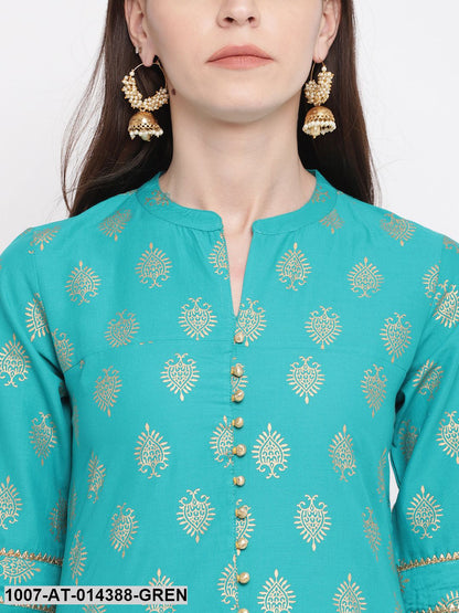 Gold Printed Cotton High-Low Kurta (Rama Green) (Pre-Order)