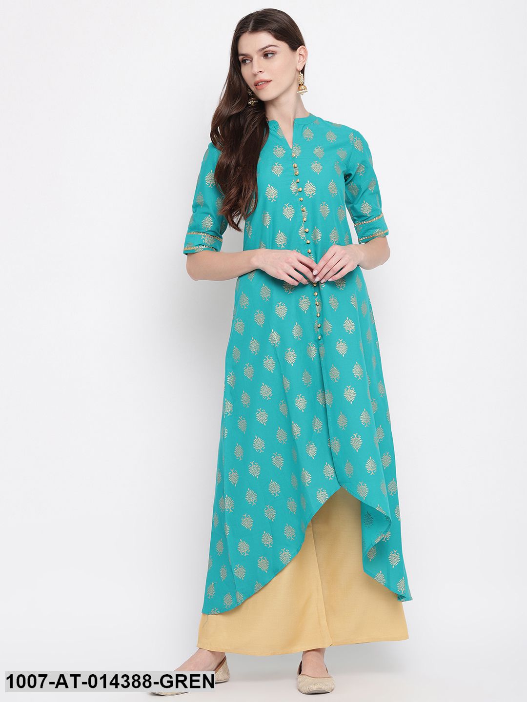 Gold Printed Cotton High-Low Kurta (Rama Green) (Pre-Order)