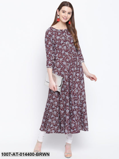 Kalamkari Print Rayon Flared Kurta (Brown) (Pre-Order)