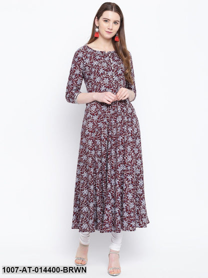 Kalamkari Print Rayon Flared Kurta (Brown) (Pre-Order)