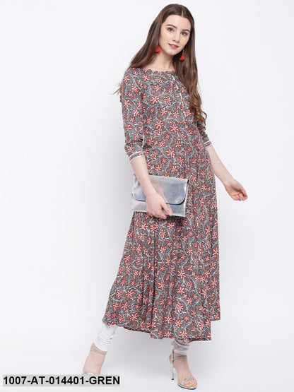 Kalamkari Print Rayon Flared Kurta (Green) (Pre-Order)