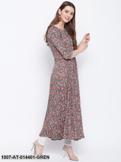 Kalamkari Print Rayon Flared Kurta (Green) (Pre-Order)