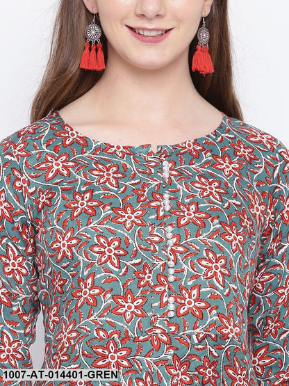 Kalamkari Print Rayon Flared Kurta (Green) (Pre-Order)