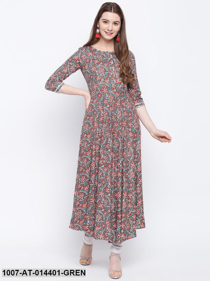 Kalamkari Print Rayon Flared Kurta (Green) (Pre-Order)