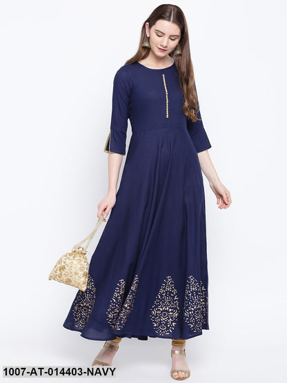 Hand Block Gold Print Rayon Kurta Dress (Navy Blue) (Pre-Order)