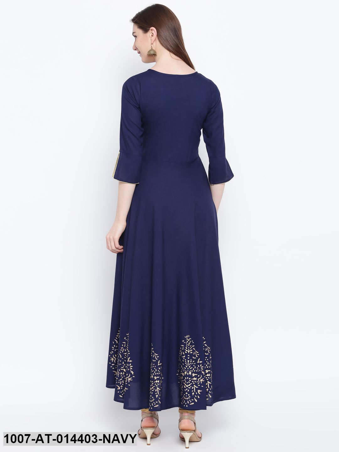 Hand Block Gold Print Rayon Kurta Dress (Navy Blue) (Pre-Order)