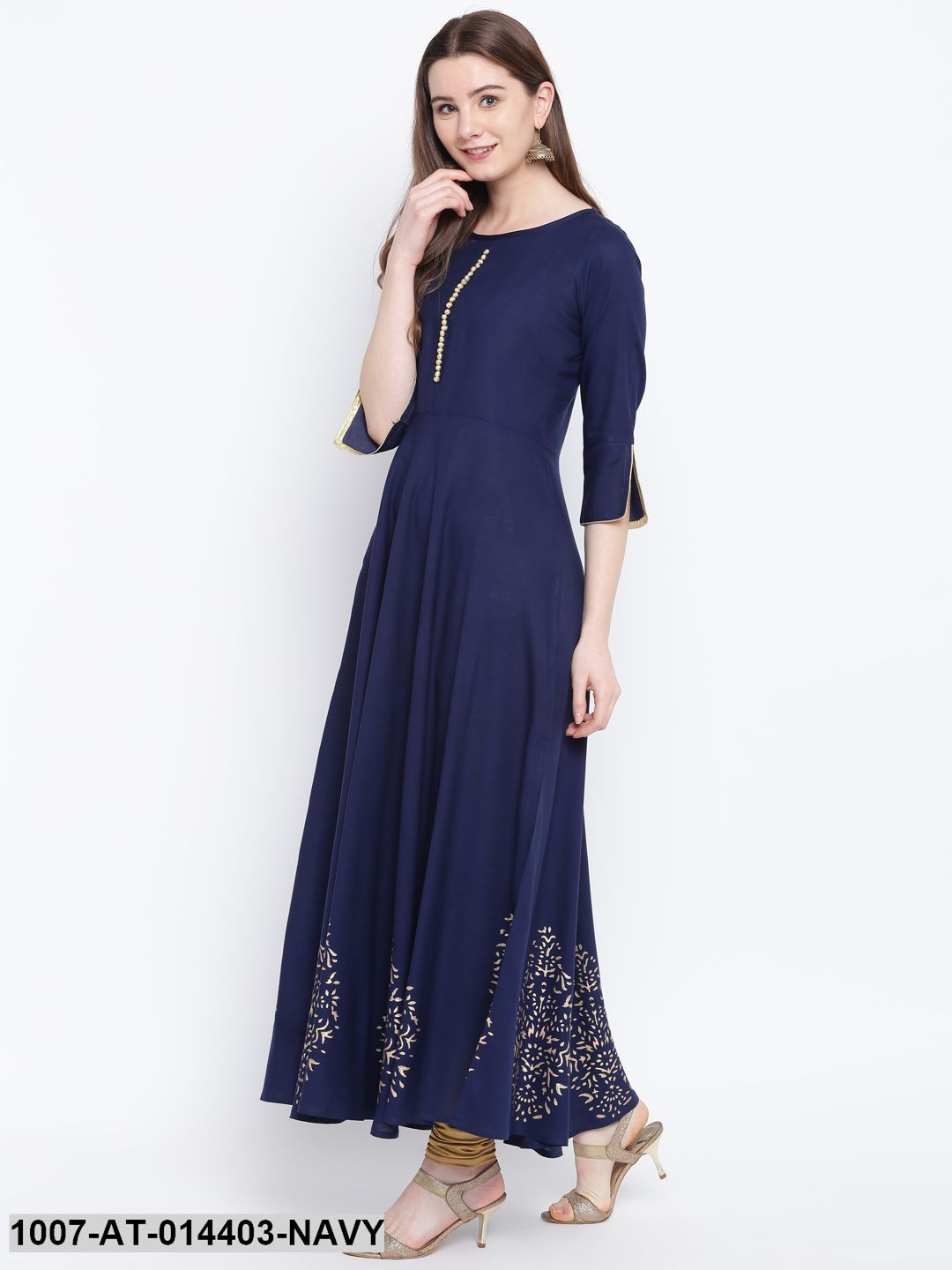 Hand Block Gold Print Rayon Kurta Dress (Navy Blue) (Pre-Order)