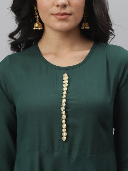 Hand Block Gold Print Rayon Kurta Dress (Dark Green) (Pre-Order)