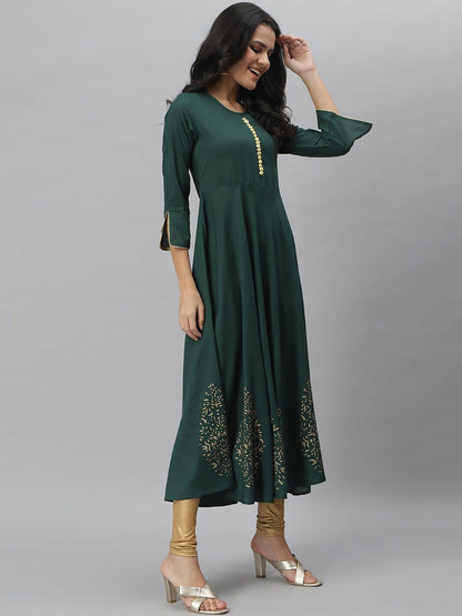 Hand Block Gold Print Rayon Kurta Dress (Dark Green) (Pre-Order)
