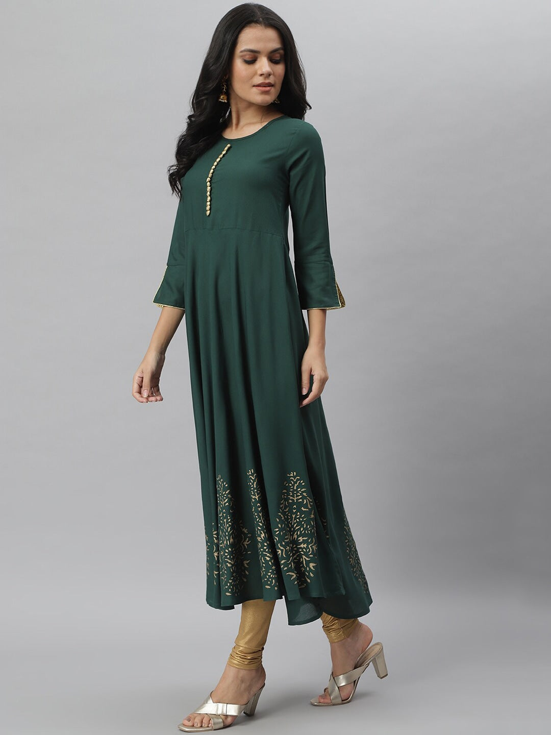 Hand Block Gold Print Rayon Kurta Dress (Dark Green) (Pre-Order)