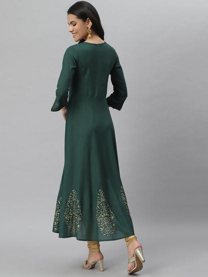 Hand Block Gold Print Rayon Kurta Dress (Dark Green) (Pre-Order)