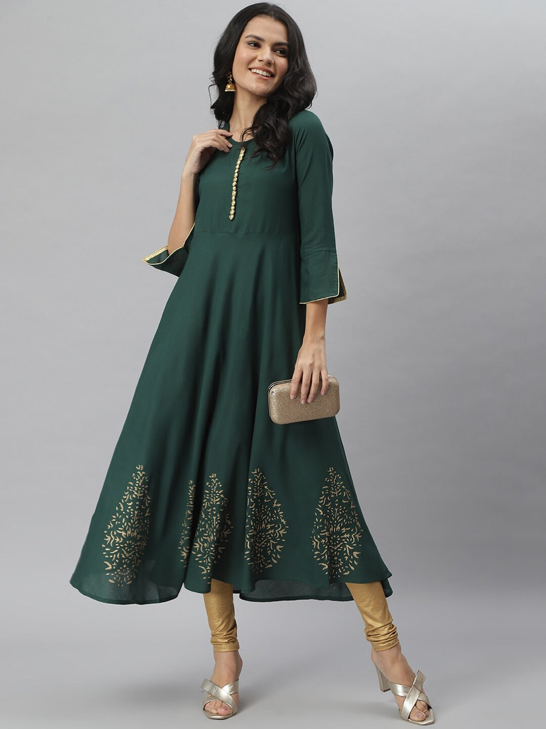 Hand Block Gold Print Rayon Kurta Dress (Dark Green) (Pre-Order)