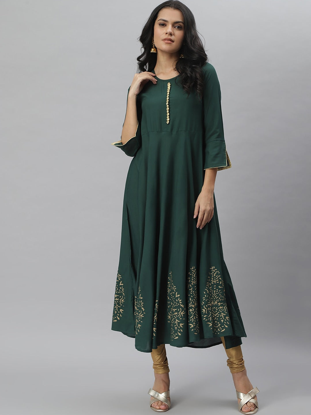 Hand Block Gold Print Rayon Kurta Dress (Dark Green) (Pre-Order)