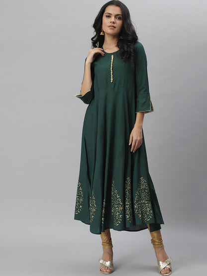 Hand Block Gold Print Rayon Kurta Dress (Dark Green) (Pre-Order)