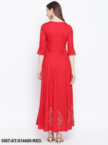Hand Block Gold Print Rayon Kurta Dress (Red) (Pre-Order)