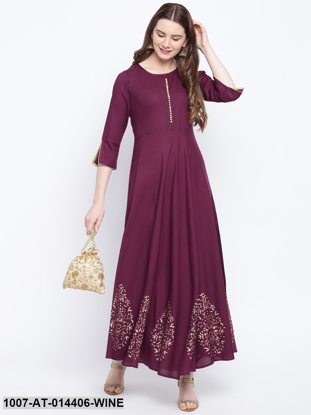Hand Block Gold Print Rayon Kurta Dress (Wine) (Pre-Order)