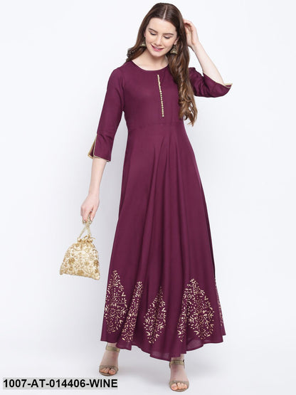 Hand Block Gold Print Rayon Kurta Dress (Wine) (Pre-Order)