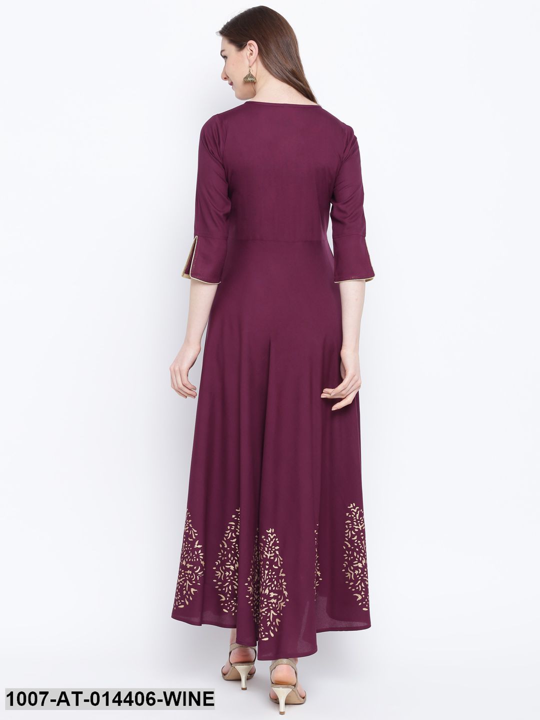 Hand Block Gold Print Rayon Kurta Dress (Wine) (Pre-Order)