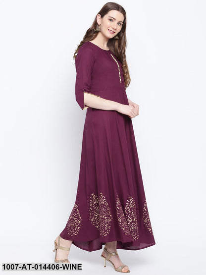 Hand Block Gold Print Rayon Kurta Dress (Wine) (Pre-Order)