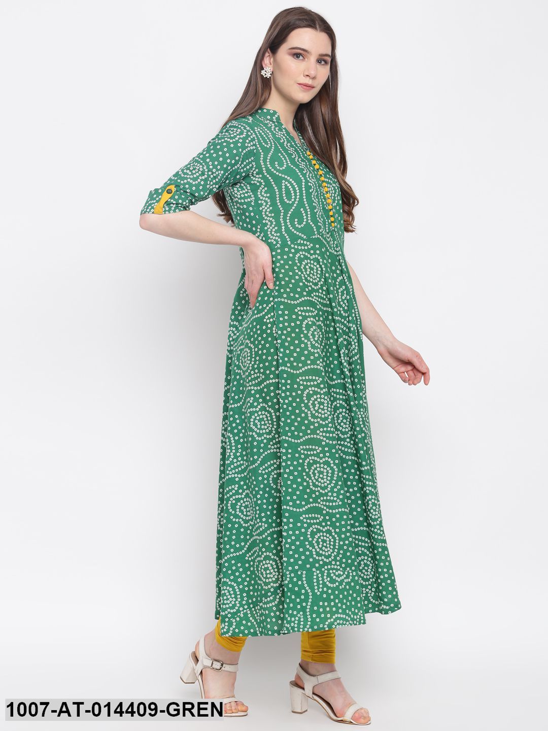 Bandhej Print Cotton Flared Kurta (Green) (Pre-Order)