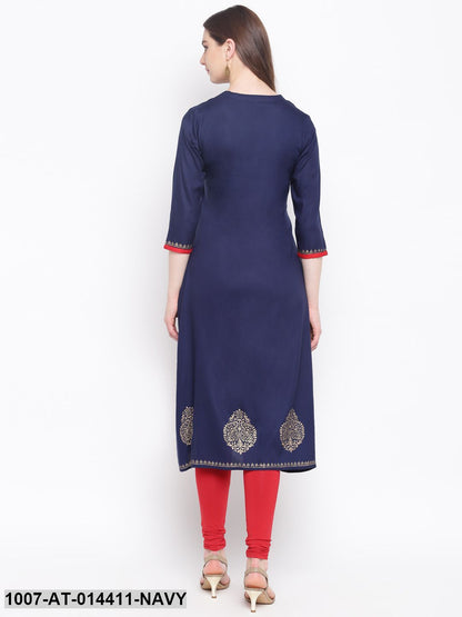 Gold Print Rayon Front Silt Kurta (Navy Blue) (Pre-Order)
